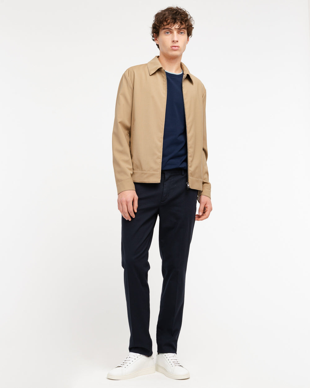 blue slim fit micro textured stretch cotton trousers