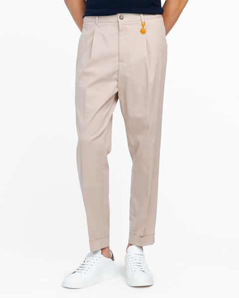 beige stretch cotton blend carrot twill trousers