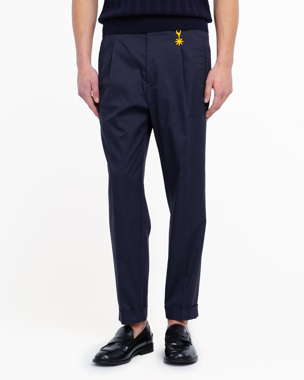 blue stretch cotton blend carrot twill trousers