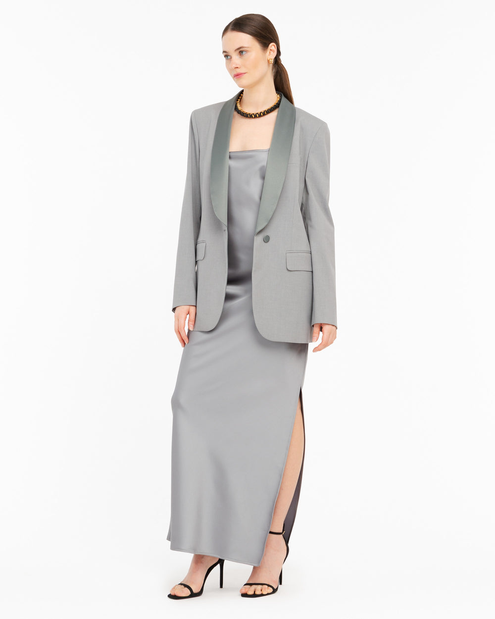 gray long satin effect dress